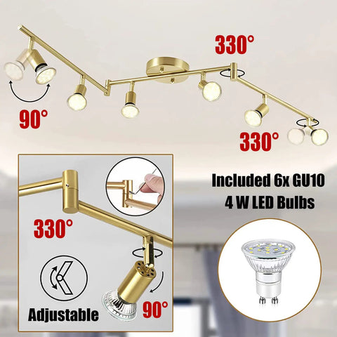 6 Light LED Track Lighting Kit In Gold With Rotatable Heads For A Dope Modern Kitchen Track Fixture That Delivers A Lit Living Room And Hallway Vibe Includes 6 GU10 LED Bulbs displayed with angles and bulb details