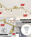 Golden Finish 6 Light LED Track Lighting Kit With Rotatable Heads, Modern Foldable Ceiling Track Lights with GU10 Bulbs, 5000K Daylight