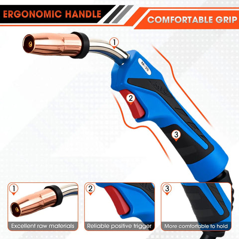 Get Ready To Weld Like A Pro With This Top Notch 250A Mill M-25 Mig Welding Gun Featuring A Rock Solid 15 Foot Cable. Ergonomic handle shown.