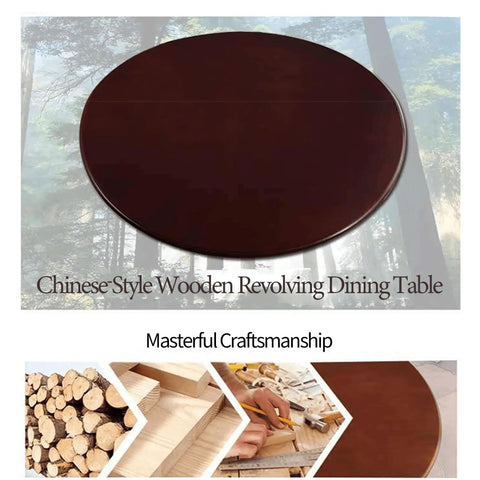 Chinese-style wooden revolving dining table with smooth finish, showcasing craftsmanship and materials for Wooden Dining Table Turntable Lazy Susan Tray With Smooth Silent Spin And Swivel Assist System For Restaurants Hotels And Parties, Rotating Tabletop, Available In 27.6, 31.5 And 35.4 Inch Diameters.