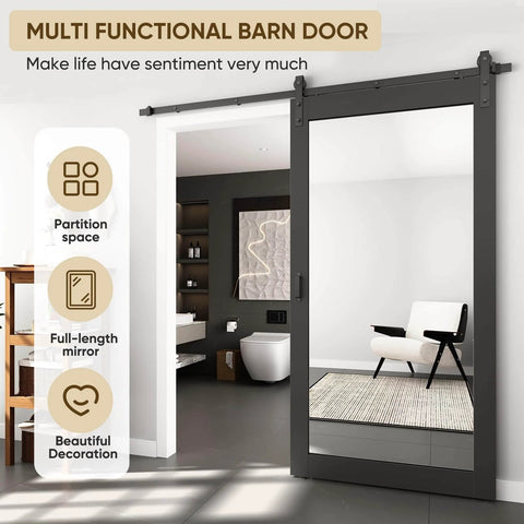 Mirror Barn Door 42 Inch By 84 Inch With 7 Foot Sliding Hardware Kit Included One Lite Full Length Frosted Glass Solid Wood
