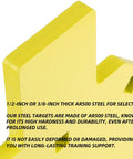 Close-up of yellow Ar500 Steel Silhouette Target 7 By 12 Inches Half Inch Thick, showing thickness and surface texture.