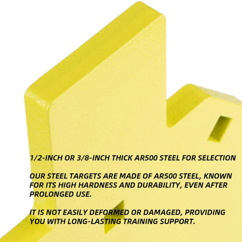 Close-up of yellow Ar500 Steel Silhouette Target 7 By 12 Inches Half Inch Thick, showing thickness and surface texture.