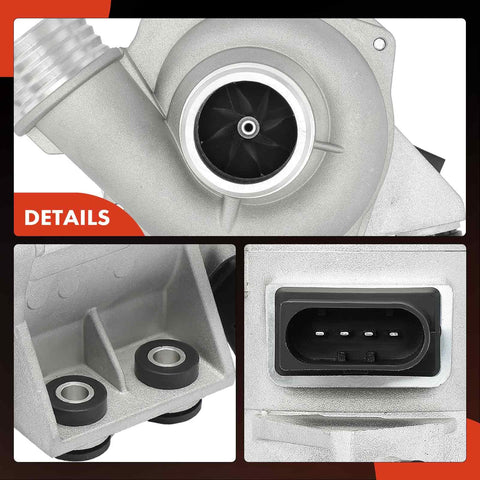 Heavy Duty Electric Water Pump For BMW Sedans And Coupes Top Tier Cooling System Upgrade, showing aluminum body and impeller details.