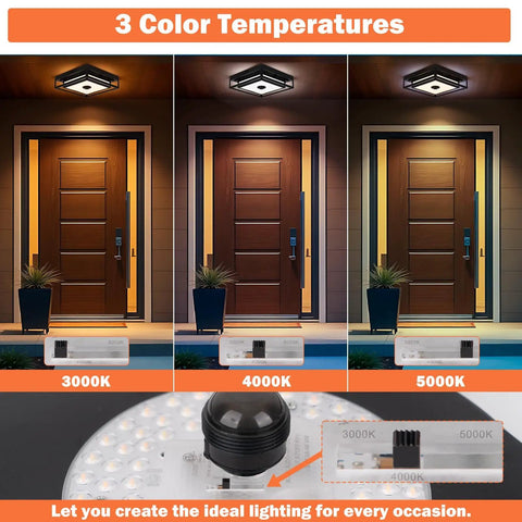 Motion Sensor Outdoor Ceiling Light Black Flush Mount 10.5 Inch Square With Dusk To Dawn Auto Modes, Waterproof Exterior