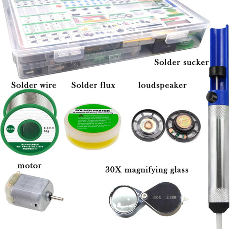 All In One 2300 Piece DIY Electronics Component Kit with solder wire, flux, speaker, motor, magnifying glass, and sucker