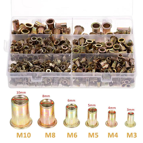 Heavy Duty Rivet Nuts Kit Bulk Pack 500 Pcs Threaded Inserts M3 M4 M5 M6 M8 M10 Galvanized Steel Box with assorted sizes