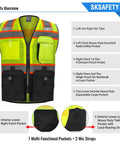 Pro Grade 10 Pocket Hi Vis Safety Vest With Zipper For Real Work Durability Class 2 High Visibility Reflective Strips ANSI ISEA 107 2020 Type R Lime Black 2XL showcasing pocket design and features.