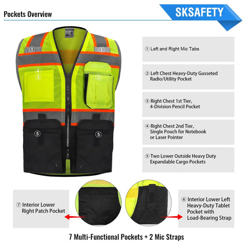Pro Grade 10 Pocket Hi Vis Safety Vest With Zipper For Real Work Durability Class 2 High Visibility Reflective Strips ANSI ISEA 107 2020 Type R Lime Black 2XL showcasing pocket design and features.