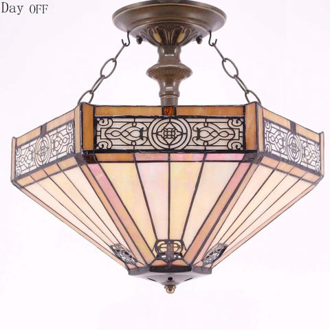 Tiffany Style Yellow Hexagon Stained Glass Ceiling Light Fixture That Pops, Mission Semi-Flush Mount, Antique Green Bronze Base