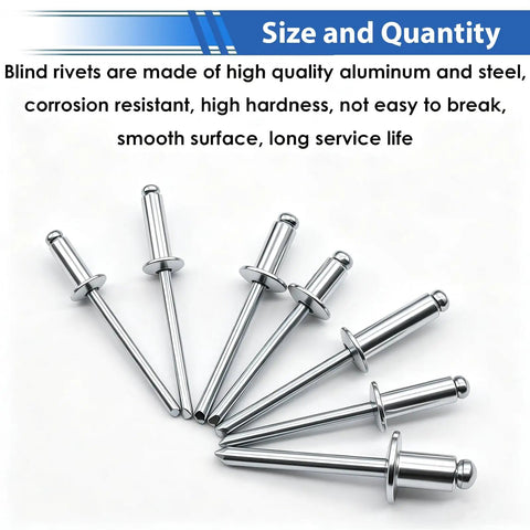 Heavy Duty Aluminum Blind Rivet Kit 75 Pcs 1/4 Inch Pop Rivets in various sizes arranged in fan shape on white background.