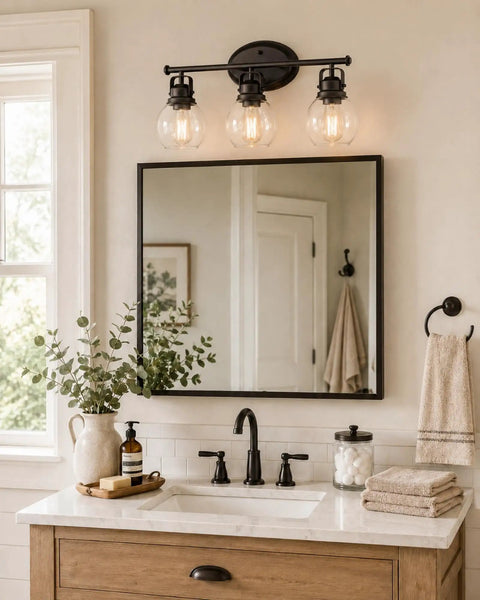 Awesome Farmhouse Vanity Light 3 Light Wall Sconce For Bathroom Mirror, oil rubbed bronze with clear glass over a wooden vanity