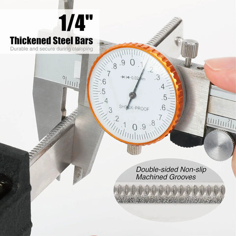 Caliper measuring 1/4" thickened steel bars for Badass Steel Bar Clamps 2 Pack With 6 Inch Opening And Two And A Half Inch Throat Holding Six Hundred Pounds Zero Slack For Serious Woodworking And Shop Jobs.