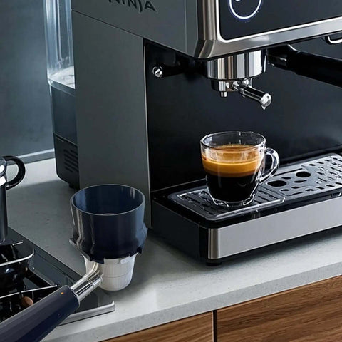 Portafilter Funnel For Ninja Luxe Espresso Machines Barista Grade Anti Splash Reusable Dosing Ring Replacement Coffee Funnel Compatible With ES501 ES601 ES655CO Luxe Series Home Cafe Dessert Shop Accessory installed on espresso machine.