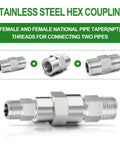 Stainless steel hex coupling with female NPT threads for pipe connection
