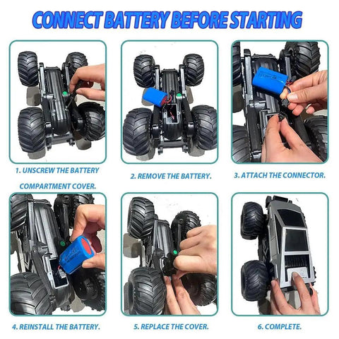 Instructions on connecting battery for Off Road Beasts RC Truck With Charging Dock One Eighteen Scale 4WD Amphibious RC Car