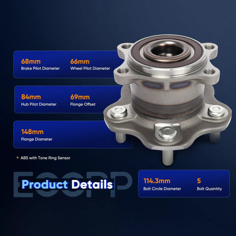 Rear Wheel Hub Bearing Assembly OE 512388 Set Of 2 With ABS for Nissan Altima, showing dimensions and features in detail.