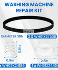 Ultimate Washing Machine Repair Kit With Clutch, Washer Spring And Drive Belts For GE And Hotpoint Models Replaces 4588013 AP6328256 PS EAP11729473 Includes WH05X24185 WH01X24434 And Two WH01X27538 Belts diagram showing belt, spring, clutch dimensions