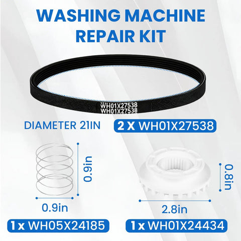 Ultimate Washing Machine Repair Kit With Clutch, Washer Spring And Drive Belts For GE And Hotpoint Models Replaces 4588013 AP6328256 PS EAP11729473 Includes WH05X24185 WH01X24434 And Two WH01X27538 Belts diagram showing belt, spring, clutch dimensions
