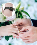 Reusable Ring Size Measuring Set For Quick No Fuss Finger Gauge Jewelry Sizing Tools US Ring Sizes 1 Through 17 Easy To Use And Precise Diameter Measurement in use during a wedding ceremony, close-up of ring measuring.