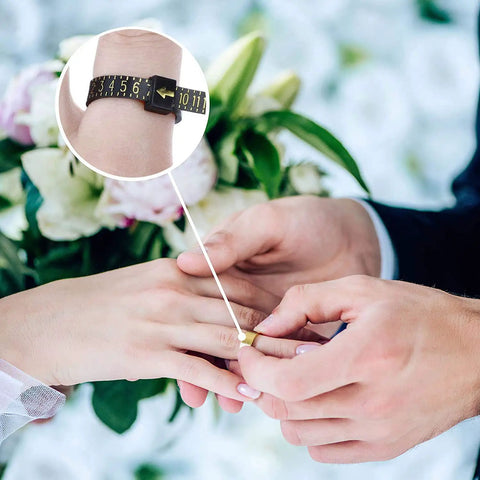 Reusable Ring Size Measuring Set For Quick No Fuss Finger Gauge Jewelry Sizing Tools US Ring Sizes 1 Through 17 Easy To Use And Precise Diameter Measurement in use during a wedding ceremony, close-up of ring measuring.