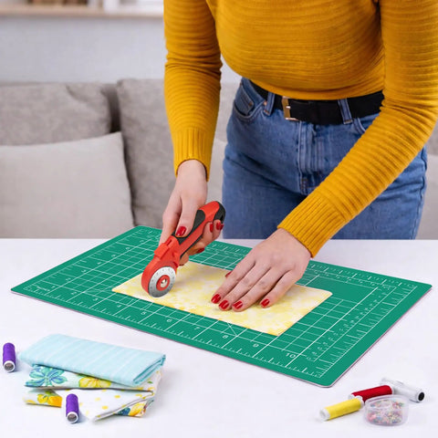 Person using a cutting wheel on a Cutting Mat 12 By 18 Inch Self Healing Double Sided For Sewing And Quilting Fabric Cutting Mat