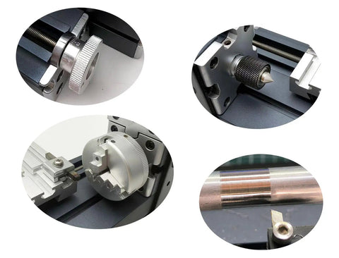Detailed view of EssSthmy Mini Metal Lathe Machine controls and components for precision woodworking and crafting.