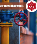 Red iron valve hand wheel attached to a gate valve, showcasing sturdy grip for industrial jobsites. Two Pack Iron Valve Hand Wheels With 6mm By 6mm Square Hole, Sturdy Grip, No Nonsense Tough Versatility For Gate And Stop Valves, Built For Industry Jobsites And Tool Boxes.