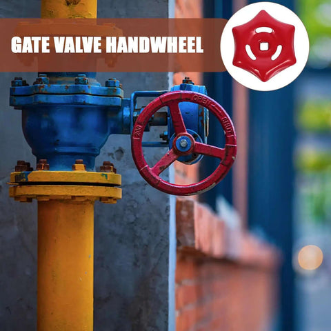 Red iron valve hand wheel attached to a gate valve, showcasing sturdy grip for industrial jobsites. Two Pack Iron Valve Hand Wheels With 6mm By 6mm Square Hole, Sturdy Grip, No Nonsense Tough Versatility For Gate And Stop Valves, Built For Industry Jobsites And Tool Boxes.
