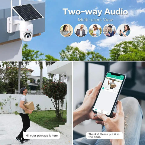 Rugged Solar Wireless Security Camera With 2.5K 4MP Clarity Outdoor Battery Powered 10000mAh 360 Degree PTZ Pan Tilt Color Night Vision PIR Human Detection 2 Way Audio IP66 Weatherproof shown on house exterior with two-way audio feature