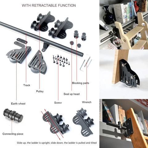 Top Shelf Sliding Barn Door Hardware Kit With Steel Round Tube Ladder Rail And Heavy Duty Floor Casters No Sweat Install Track System components with retractable function.