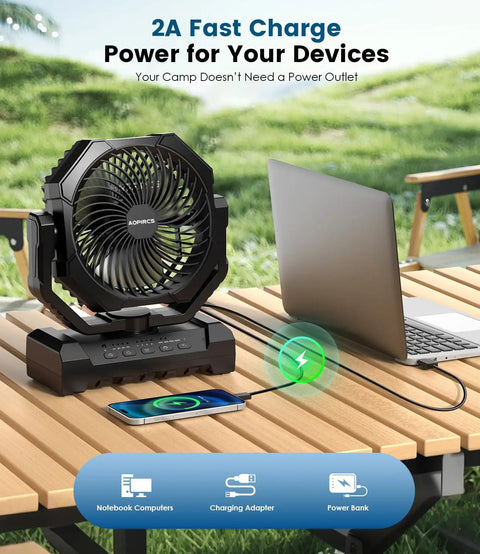 Rechargeable Camping Fan With 60 Hour Battery, 4 Speeds, 3 Light Modes, USB C Charging on table charging devices