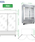 Score A Rock Solid 54 Inch Commercial Glass Door Reach In Refrigerator With Tempered Double Doors visual showing dimensions and design features.