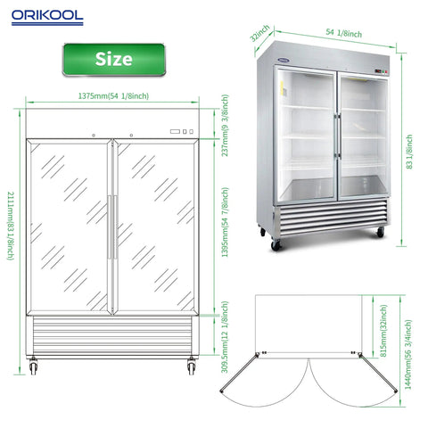 Score A Rock Solid 54 Inch Commercial Glass Door Reach In Refrigerator With Tempered Double Doors visual showing dimensions and design features.