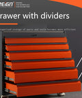 Orange drawer tool storage with dividers, part of heavy duty mobile tool cart storage organizer on wheels for CNC tools.