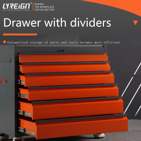 Orange drawer tool storage with dividers, part of heavy duty mobile tool cart storage organizer on wheels for CNC tools.