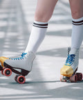 Roller skates with Two Piece Toe Guards For Roller Skates, Artificial Leather Protectors for Quad Skates, glitter gold with star pattern.