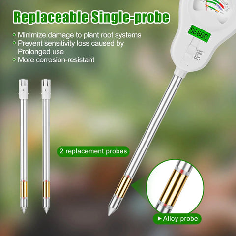 6 In 1 Digital Soil Tester with Moisture, PH, Light, Temperature and Fertility Monitor, showing two removable probes