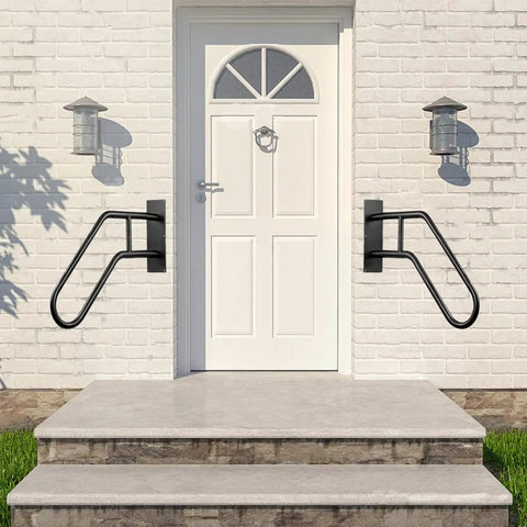 Solid As A Rock Matte Black Outdoor Handrail For One To Three Step Stairs Heavy Wall Mounted Grab Bar with hardware installed by entrance.