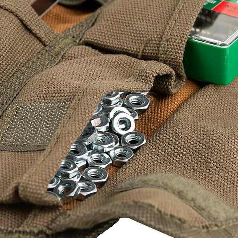 Close-up of nuts inside Heavy Duty Tool Roll Bag From Original Series With Quick Release Buckles, Duckwear Canvas, Brown.