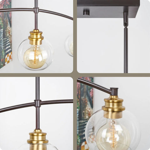 Close-up of Industrial Farmhouse Island Light With Clear Glass Globe Shades 34 Inch Four Light Modern Linear Pendant Fixture