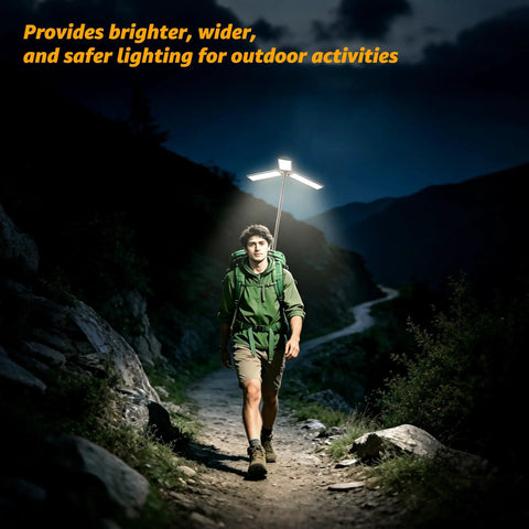 Hiker with Rechargeable Camping Lantern With Stand And Telescopic Pole 8000mAh Power Bank 8 Modes Waterproof at night