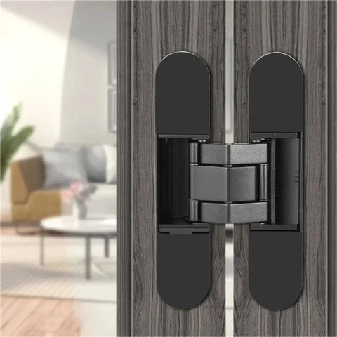 Heavy-Duty Hidden Hinge for Wooden Door with 180 Degree Adjustable Concealed Design Rated for 80Kg Load in black on a door.