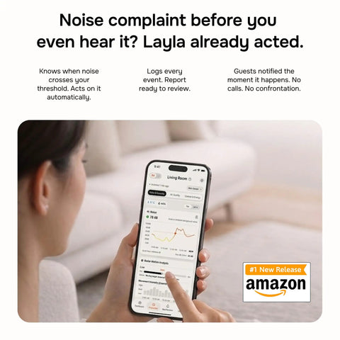 Real Time Noise And Security Monitor For Airbnb And Offices With Privacy Safe Decibel Meter on phone in living room