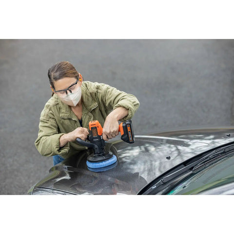 Person using Matrix 20V Max Buffer Kit For Cars Floors And Furniture With 3500 RPM Random Orbital Polisher on car hood