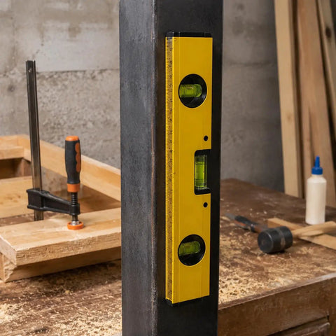 Spirit Level, Aluminum Alloy, 250mm positioned vertically against a dark surface, showcasing its precision features.