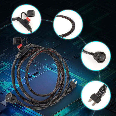 Longer 66.9 Inch Universal Fuse Bypass Switch Kit for Cars and Trucks showing wiring details and connectors