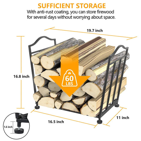 Foldable Firewood Rack For Indoor And Outdoor Use, Rust-Resistant, holding firewood with 60 lb capacity, dimensions labeled