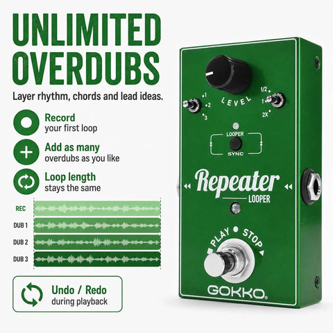 Green Ten Minute Electric Guitar Loop Pedal With Unlimited Overdubs Undo Redo Auto Loop Memory Loop Station And True Bypass
