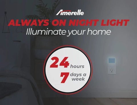 Always On Blue Night Light 4 Pack Plug In LED Slim Night Lights glowing softly in a dark room beside an outlet